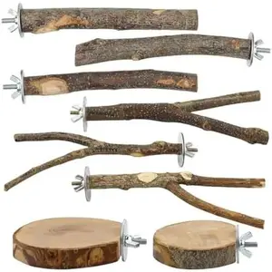 8-Piece Set Natural Wood Bird Perches - Wooden Parrot Stand with Fork Toys, Hanging Multi-Branch Platform, Hammock Swing - Suitable for Parakeets, Budgies - Durable Pet Bird Accessories