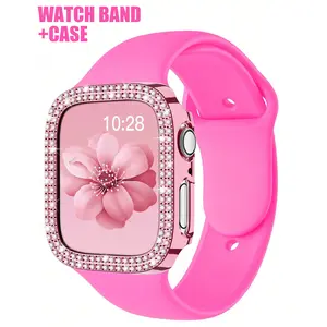 Double Row Diamond-Encrusted Hard PC Protection Durable Case + Sport Silicone Strap for Apple Watch, Compatible with Ultra/11/10/9/8/7/6/5/4/3/se