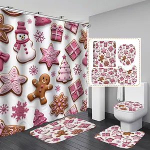 1/3/4PCS Christmas pink hued gingerbread cookies and decorations Shower Curtain Set with Rugs, Non Slip Bath Mat, U-Shape Carpet, Toilet Lid Cover, Polyester Fabric Bathtub Curtain Accessories, 12 Hooks, Home Bathroom Festival Decor