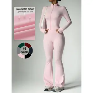 Women's 2-Piece Solid Color Set Long Sleeve Stand Collar Jacket with Thumb Holes, Breathable Yoga for Gym Outdoor Running