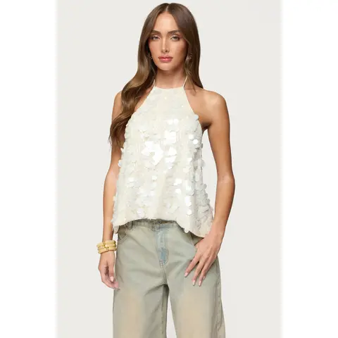Ellorie Backless Sequin Halter Top