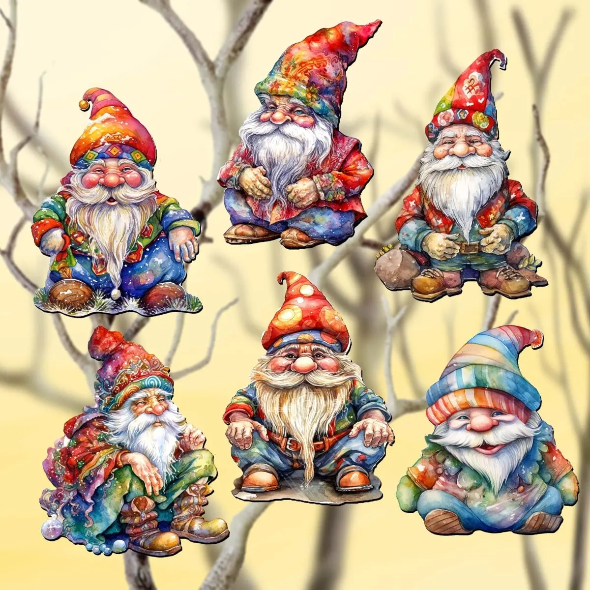 Designocracy 8090031C-S6 Whimsical Embossed Art UV-Coated Wood Miniature Jolly Christmas Gnome Clip-On Tree Ornaments, 2x2x0.25 in, Set of 6, Ornament Clips Included, Festive Home Decoration, Gift in Gift Box