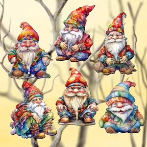 Designocracy 8090031C-S6 Wood Miniature Jolly Christmas Gnome Clip-On Tree Ornaments, 2x2x0.25 in, Set of 6, Festive Home Holiday Decoration & Gift