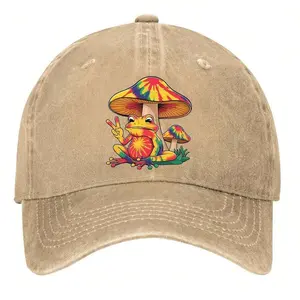S&T Peaceful Frog With Tie-Dye Mushrooms In A Dark Background Hats Vintage Washed Baseball Cap