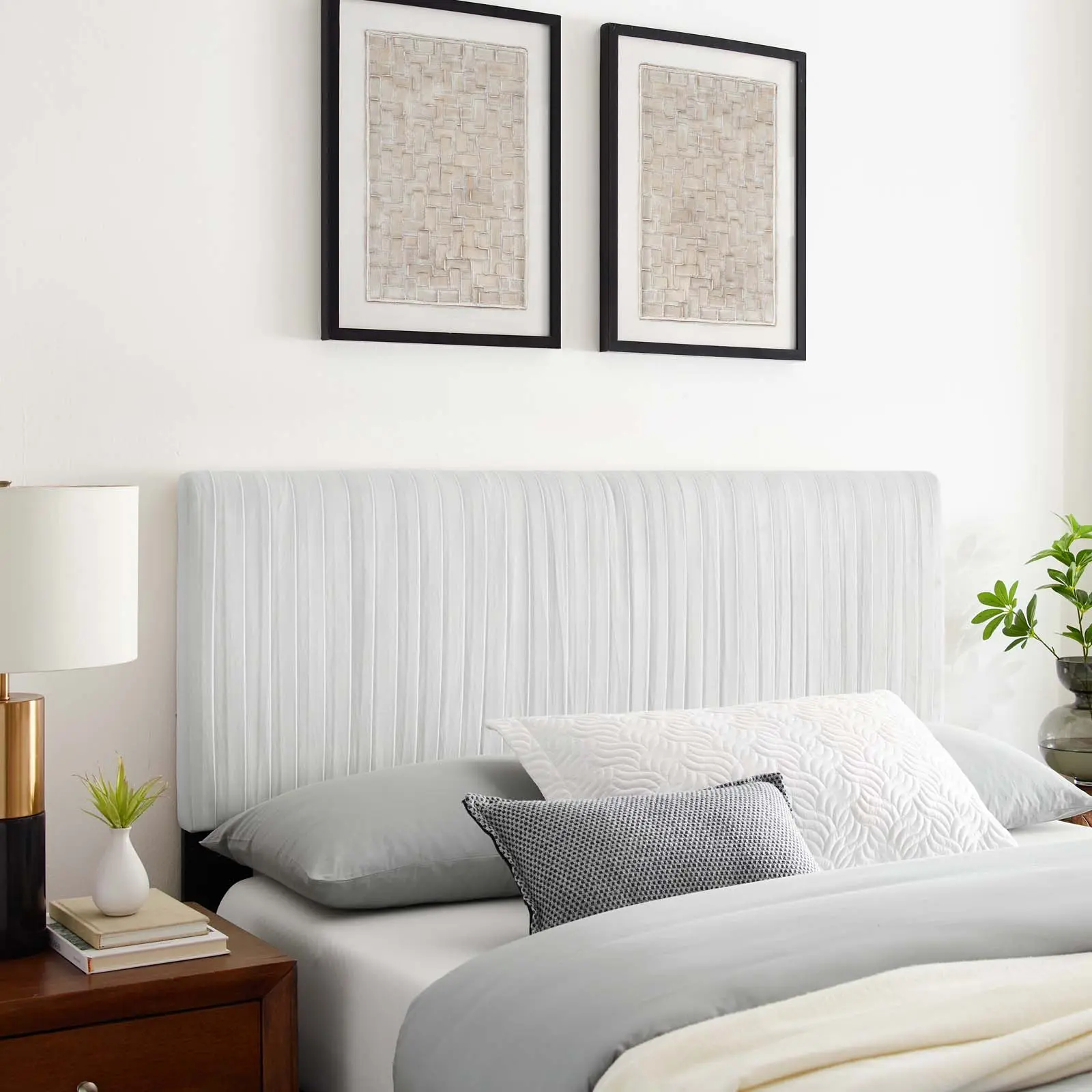 Modway Eloise Channel Tufted Performance Velvet Full/Queen Adjustable Headboard, Art Deco Clean Aesthetic DIY Assembly Headboard in White, Art Deco Headboards