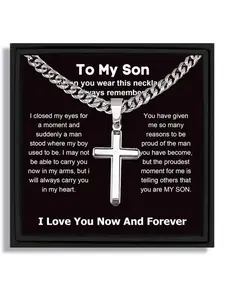 1 piece silver cross pendant Cuban chain necklace Cross necklaces for Valentine's Day birthday for son with blessing card and box