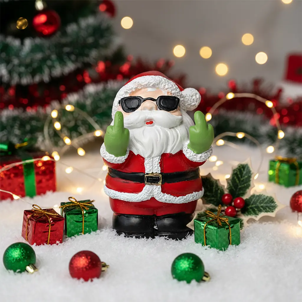 Christmas-themed Ornament featuring a Santa Claus and snowman with their middle fingers raised is beautifully designed and charming measures 1.57 x 1.57 x 2.5 inches (height) and makes a perfect holiday Gift .