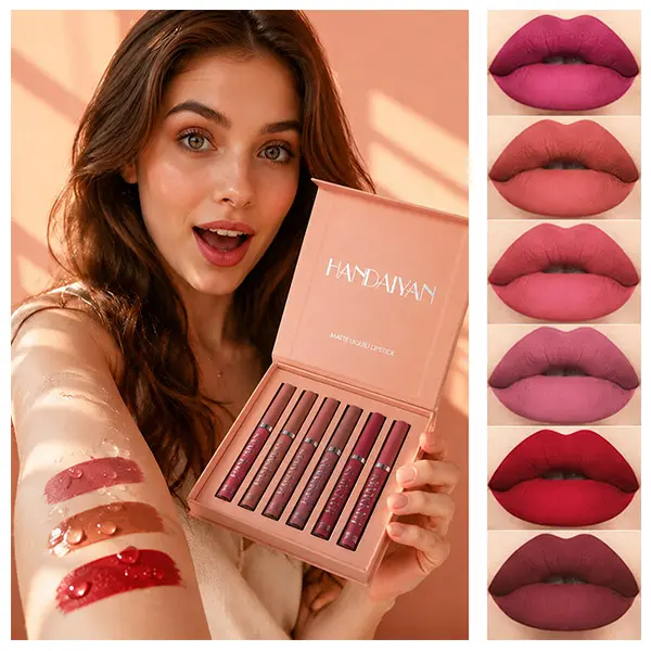 Handaiyan 6-Piece Matte Liquid Lipstick Set, Long-Lasting Waterproof Lip Stains, Non-Stick Nude Cosmetic Makeup for Women, Gift, Kit, 6 Pcs/Box, All Skin, Hydrating, 200G, Multi-Pack, Wax Base Lip Care Gloss
