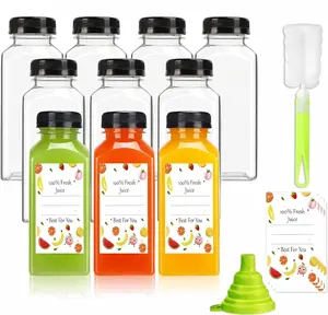 Plastic Juice Bottles with Caps 10pcs 12oz, Reusable Juice Containers with Black Tamper-Evident Lids, Clear Bottles for Juicing, Milk, Smoothie Bottle, Drinking with 10 Labels, Brush and Funnel