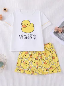 Kids Cartoon Duck Print Pajama Set, Summer Fire-Retardant Casual Sleepwear, Round Neck Short Sleeve Elastic Waist Shorts, All Seasons, Pastel Cute Pajamas