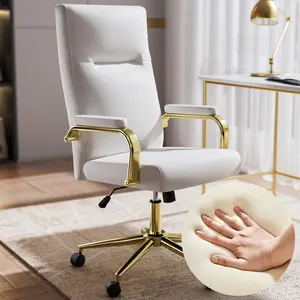 White and Gold Office Chair Memory Foam, White Leather Computer Desk Chairs with Wheels and Arms, High Back Executive Office Chair for Girl and Women，Office Chair Ergonomic Home Desk Chair Gaming Computer Chair PU Leather Executive Office Chair