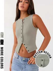 Cozy HomeFit Ribbed Sleeveless Vest 🔥 Button-front cropped top, stretchy & slim-fit! Perfect for #HomeTok lazy days or layered looks. Black/gray options—soft, stylish, and so 2026 vibe. #WardrobeStaple #ComfyChic #LoungeFashion