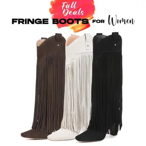 CELNEPHO knee-high boots with square toe, suede fringe design, chunky block high heel, wide calf—fashion country boots; gifts for parties, weddings, and outdoor events; fall dress shoes; StepUp styles