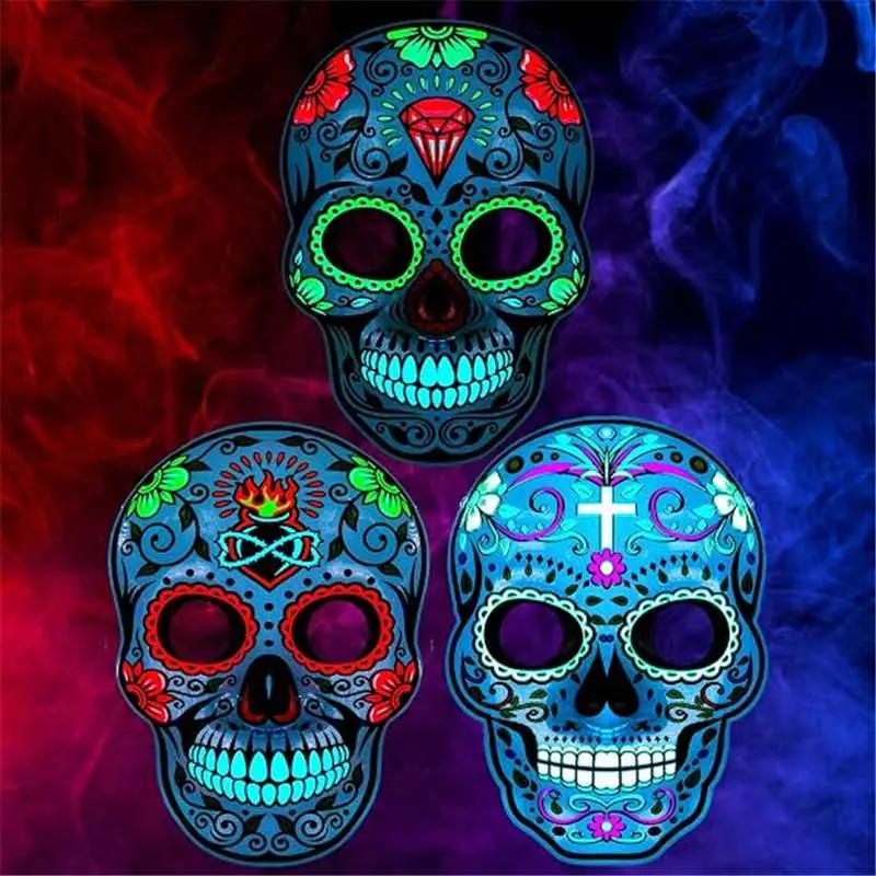 Day of The Dead Mask Dia De Los Muertos Sugar Skull Masks Printed Face Mask with Adjustable Skeleton Headband for Halloween Mexican Cosplay Party Costume Accessories for Women and Men