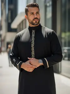 Islamic Muslim Arabic Traditional Robe Clothing, Ramadan Festival Sacrifice Day Traditional Holiday Clothes, Classic Men's Stripe Embroidered Robe, Modesty Thobe