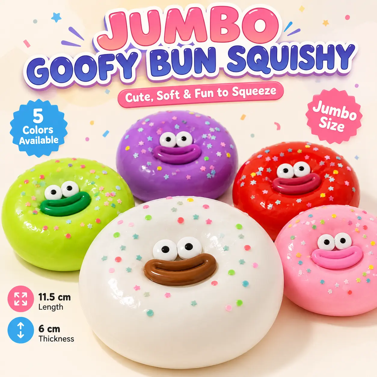 Jumbo Squishy Goofy Bun Toy, Cute Big Eye Shaving Cream Filled Squeeze Toy, Soft Stretchy Sensory Stress Relief Fidget Toy, Funny Bun Desk Toy