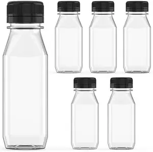 Plastic Juice Bottle 6 oz Reusable Transparent Bulk Beverage Container with Black Lids - 6 Pcs for Juice, Drinking Milk, Juicing Smoothies Pet Hand