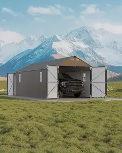 12x25 FT Metal Garage Shed, Extra Large Storage Shed with Double Hinged Doors, 4 Windows, Heavy Duty Carport for Vehicles, and Equipment Storage, All-Weather Outdoor Metal Building, Gray