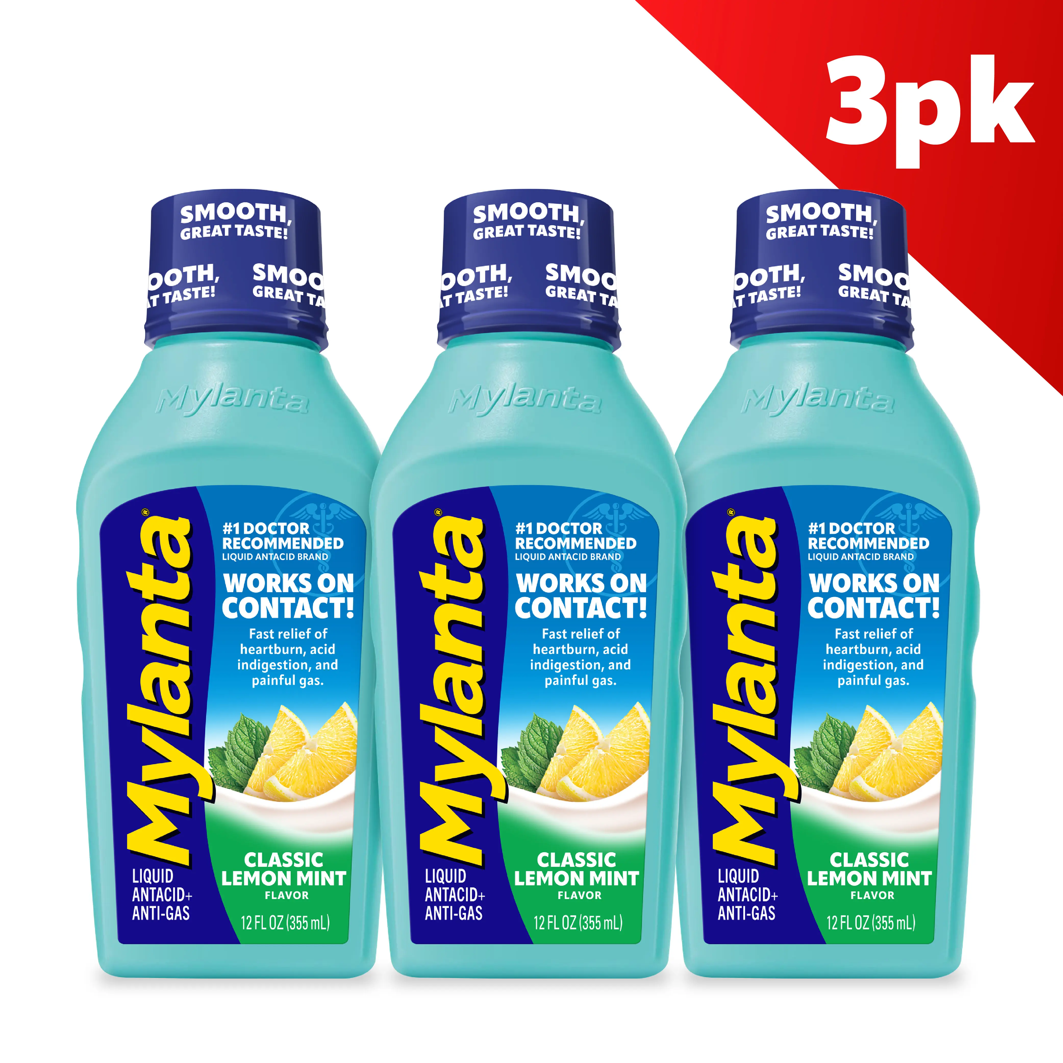 Mylanta Classic Lemon Mint (3pk) Liquid Antacid + Anti-Gas, Relieves Heartburn, Indigestion, Bloating & Gas, Works on Contact, Six Great-Tasting Flavor Options, Calcium-Rich, Paraben-Free, 3 x 12 fl oz (355 mL)