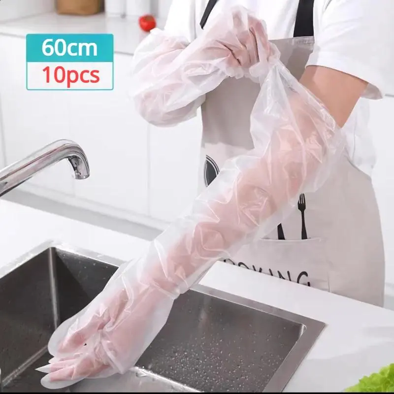 10pcs Disposable Waterproof Arm Guard Gloves, 60cm Transparent, Elastic Drawstring, Lengthened for Kitchen & Household Cleaning