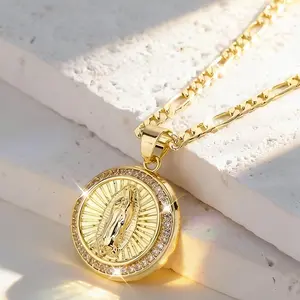 14K Gold Plated Our Lady of Guadalupe Necklace Figaro Chain Catholic Virgin Mary Pendant 50+5CM Adjustable Religious Jewelry Gift for Women Men