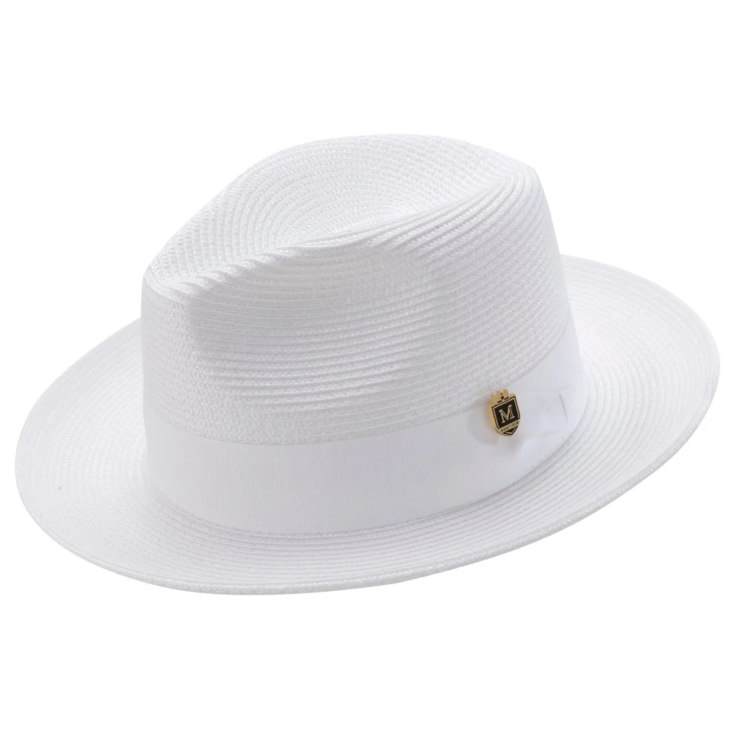 White Braided Wide Brim Pinch Crown Fedora Hat with Matching Grosgrain Ribbon
