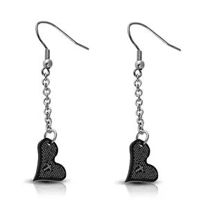 Stainless Steel Silver-Tone Black Love Heart Cross Prayer in Spanish Drop Dangle Earrings