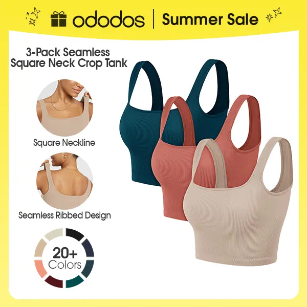 ODODOS 3-Pack Seamless Square Neck Crop Tank for Women Ribbed Knit Soft Low Back Cropped Tops summerwins,back to school,back to school shopping