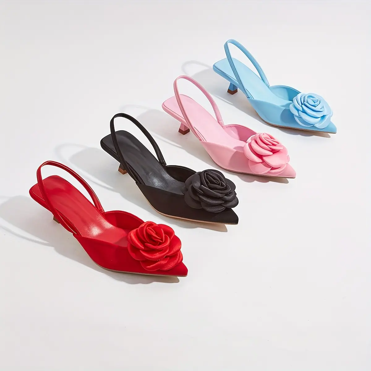 Women'S Floral Satin Kitten Heel Mules, Solid Color Pointed Toe-On Shoes, Versatile Elegant Banquet Mules, Low Heel Comfortable Commuting, Women Shoes