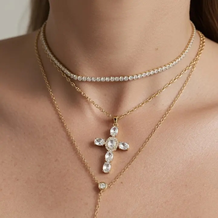 Elegant Brilliant Tennis Necklace, Glam Fashionable Costume Jewelry for Everyday Wear, Ideal for Jewelry Stack