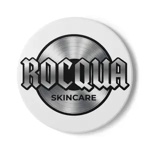 Rocqua Skincare logo Ceramic Coaster | vinyl record emblem, metallic text