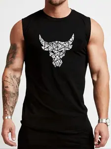 Men's  Bull Head Print Round Neck Tank Top, Casual Quick Drying Breathable Sleeveless Top, Athletic Workout Clothing for Gym Workout Running, Men's Clothes for Summer