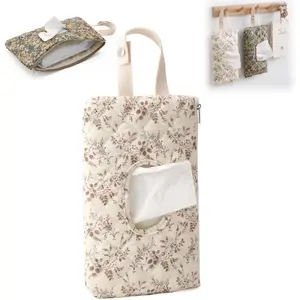 Polyester Lightweight Portable Diaper and Wipes Organiser Pouch - Floral Refillable Wet Wipes Case with Lanyard for Home, Travel (Beige)