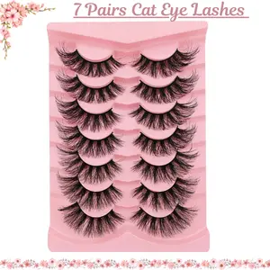 7 Pairs Cat Eye Lashes 20mm – Fluffy Wispy Faux Mink False Eyelashes, Dramatic Fox Eye Curly Thick Volume Natural Look Lashes for Women