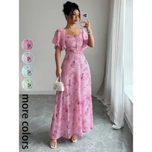 Floral Print Women's Dress, Pleated Detail, Belted Skirt / Women's Chiffon Butterfly Print, High-Waisted A-Line Dress with Bat Wings and Ruffles, Sweet French Style Summer Wear, Engagement Dress / Bridesmaid Dress / Vacation / Casual Date Outfit