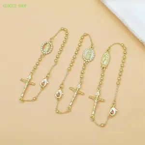 18K Gold-Plated Copper Beaded Bracelet with Virgin Mary & Cross Design, Religious-Inspired Jewelry for Daily Wear, Elegant Women’s Wrist Accessory & Gift