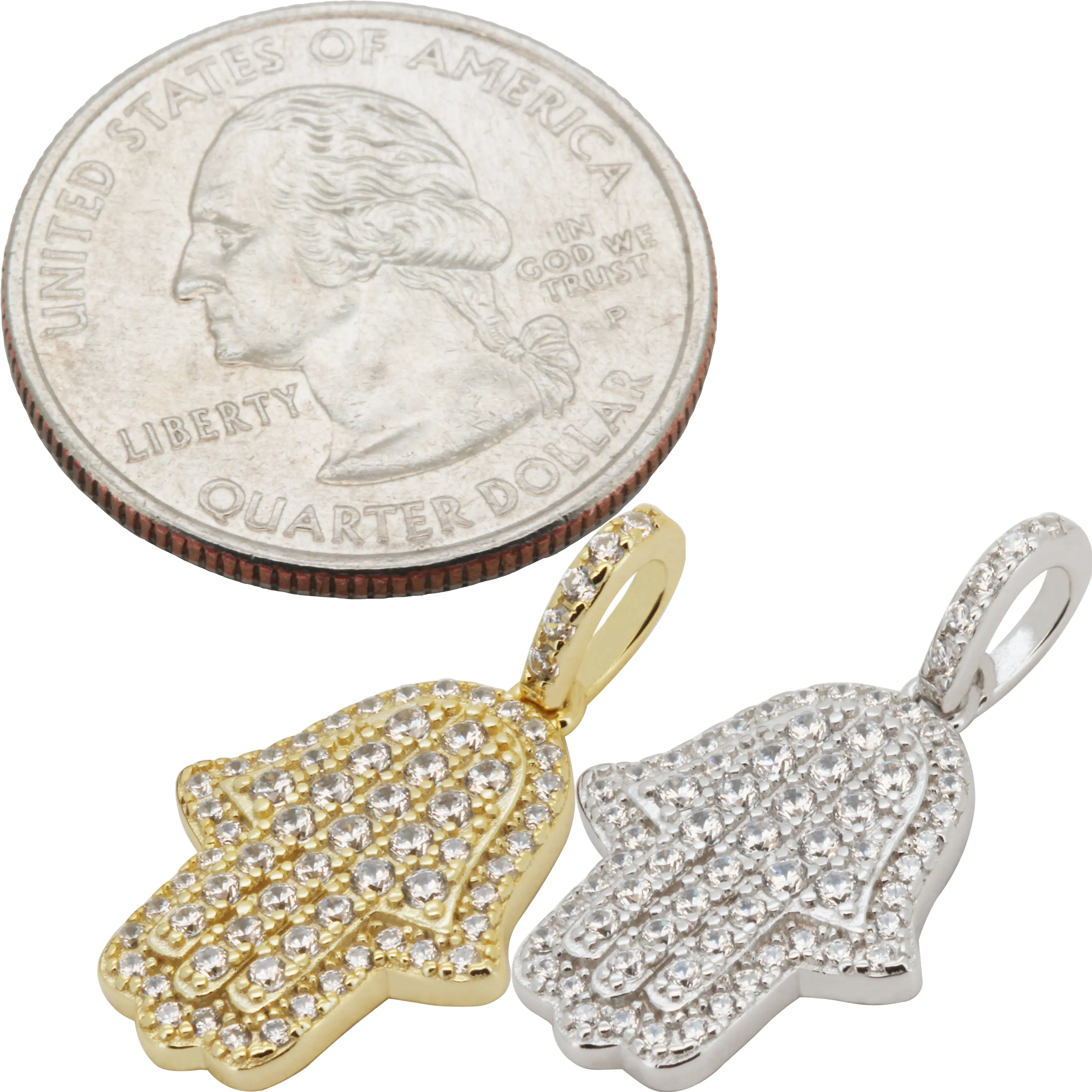 925 Sterling Silver 14k Gold Vermeil AAA Cubic Zirconia Hamsa Hand Pendant