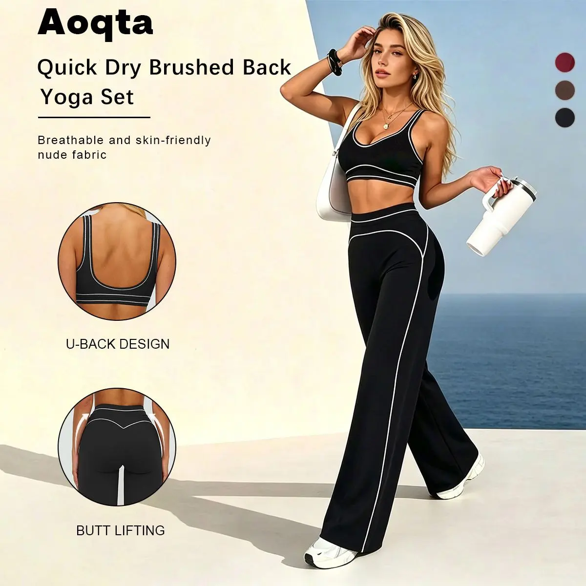 Aoqta yoga Women's Sport Casual 2-Piece Set, Sexy Backless Sleeveless U-Neck Contrast Color Trim Cropped Cami Tank Tops with Chest Pads and High Waist Tummy Control Butt-Lifting Straight Wide Leg Pants, for Yoga, Training, Gym and Daily Wear