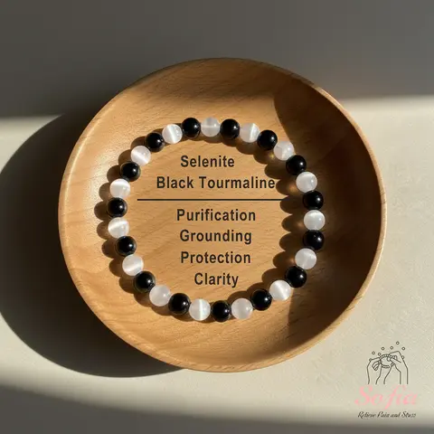 Sofia Empath Protection Natural Stone Bracelet - 6mm Black Tourmaline Selenite Beads, Elastic Easy Wear Unisex Adults' Bracelet/Anklet, Handmade Boho Style, Fits 6.5 Inch Wrist, Daily Gift