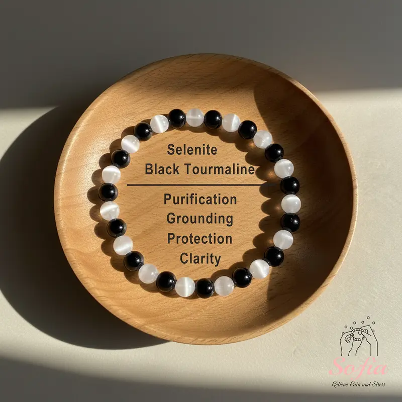 Sofia Empath Protection Natural Stone Bracelet - 6mm Black Tourmaline Selenite Beads, Elastic Easy Wear Unisex Adults' Bracelet/Anklet, Handmade Boho Style, Fits 6.5 Inch Wrist, Daily Gift