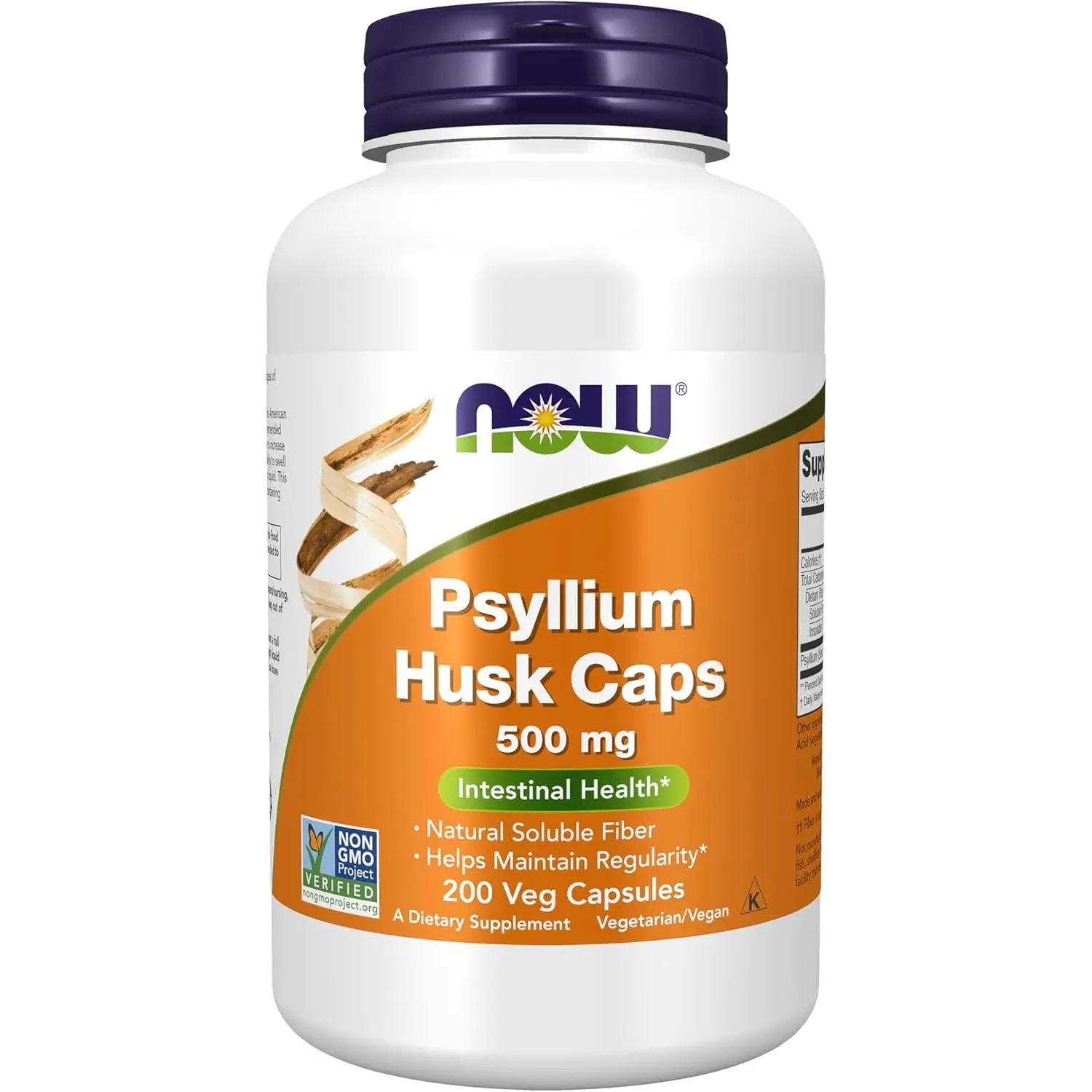 NOW Foods Psyllium Husk Dietary Supplement Veg Caps, 500 mg, Daily Nutrition & Digestive Wellness Support, Non-GMO Project Verified, Natural Soluble Fiber, Intestinal Health, 200 Count, Daily Nutrition Supplement, Digestive Wellness Supplement
