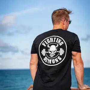 Fighting Demons T-Shirt - Men's Fitted Short Sleeve Crew Neck Casual Gym Top in 60% Cotton & 40% Polyester for Summer Wear