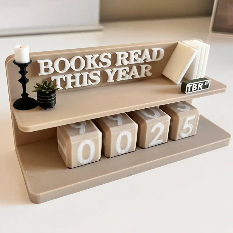 Cozy Books Read Counter - Book Tracker - Unique Home Decor with 2 Mini Accessories & 4 Dice - Cozy Cream with 3D White Books for Book Nook, Reading Corner, Desk or Bookshelf