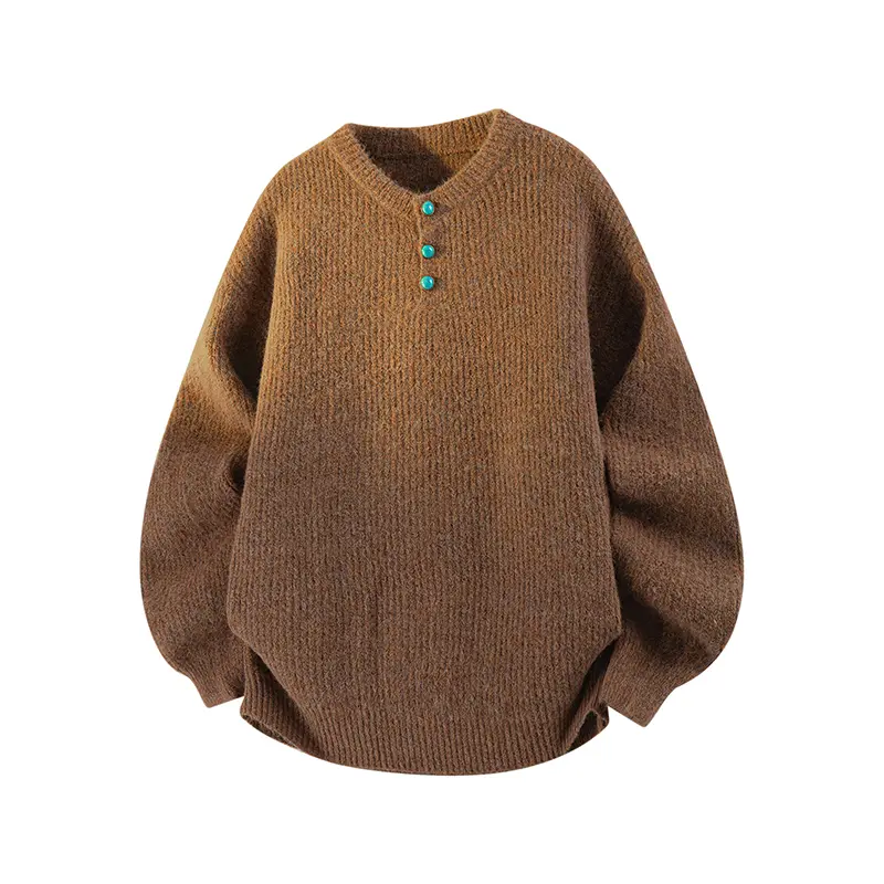 Men's Vintage Style Loose Knit Sweater - Menswear Knitwear Long Sleeve Top with Elegant Puff Sleeves, Button Accent, Brown Color, Elegance, Casual, Plain, Fashion, Baggy, Oversized, Clothes, Polyester, Loose-Fit