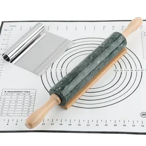 Koville Marble Rolling Pin Set, 10 Inch Rolling Pin with Beechwood Handles, Wooden Holder, Metal Scraper, Silicone Mat, Nonstick, for Baking Pizza Dough, Pastries, Tortillas( Indian Green)