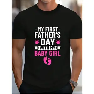 First Time Dad T-Shirt for New Fathers - Baby Footprint & My First Father's Day Gift Suitable for Men's Casual Wear, Soft Breathable Crew Neck Tee with Baby Print, Unisex Baby Shower Present for New Dad, Machine Washable Black Shirt