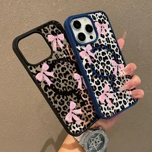 Leopard Print Bow Pattern Premium Magnetic Phone Cases for iPhone 17 pro max  iPhone 16 15 14 Pro Max 13 12 11 Plus Smartphone Shockproof Protection Acrylic Cover Cellphone Protective magsafe magnetic case Aesthetic Resistance Casing Protector