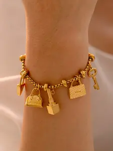 Trendy Adjustable Women's Bracelet with Multi-Element Pendant, Rhinestone Charms in 18k Plated Titanium Steel, Retro Style Jewelry, High Quality Bracelet, Elegant Jewelry Bracelet