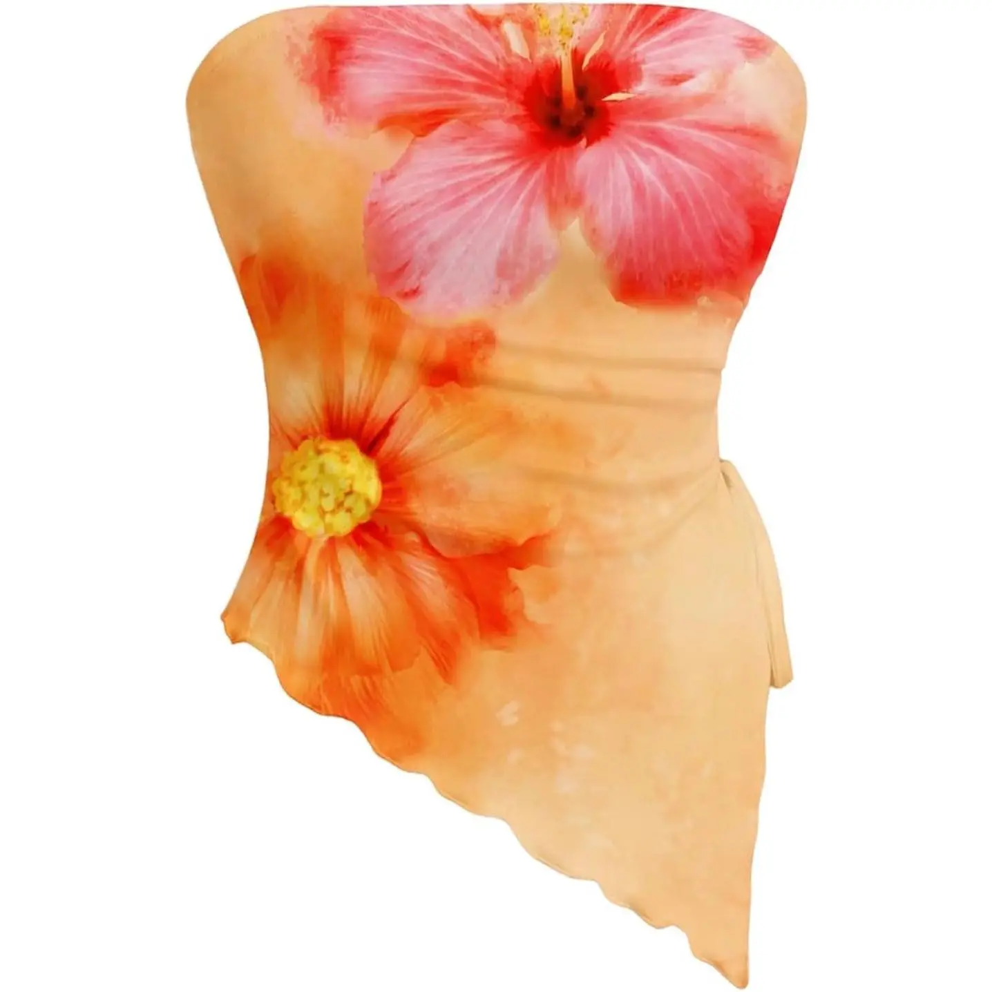Women's Floral Strapless Side Ruched Asymmetrical Hem Tube Top | Y2k Floral, Strapless, Asymmetrical Hem, Side Ruched, Bandeau Crop Top