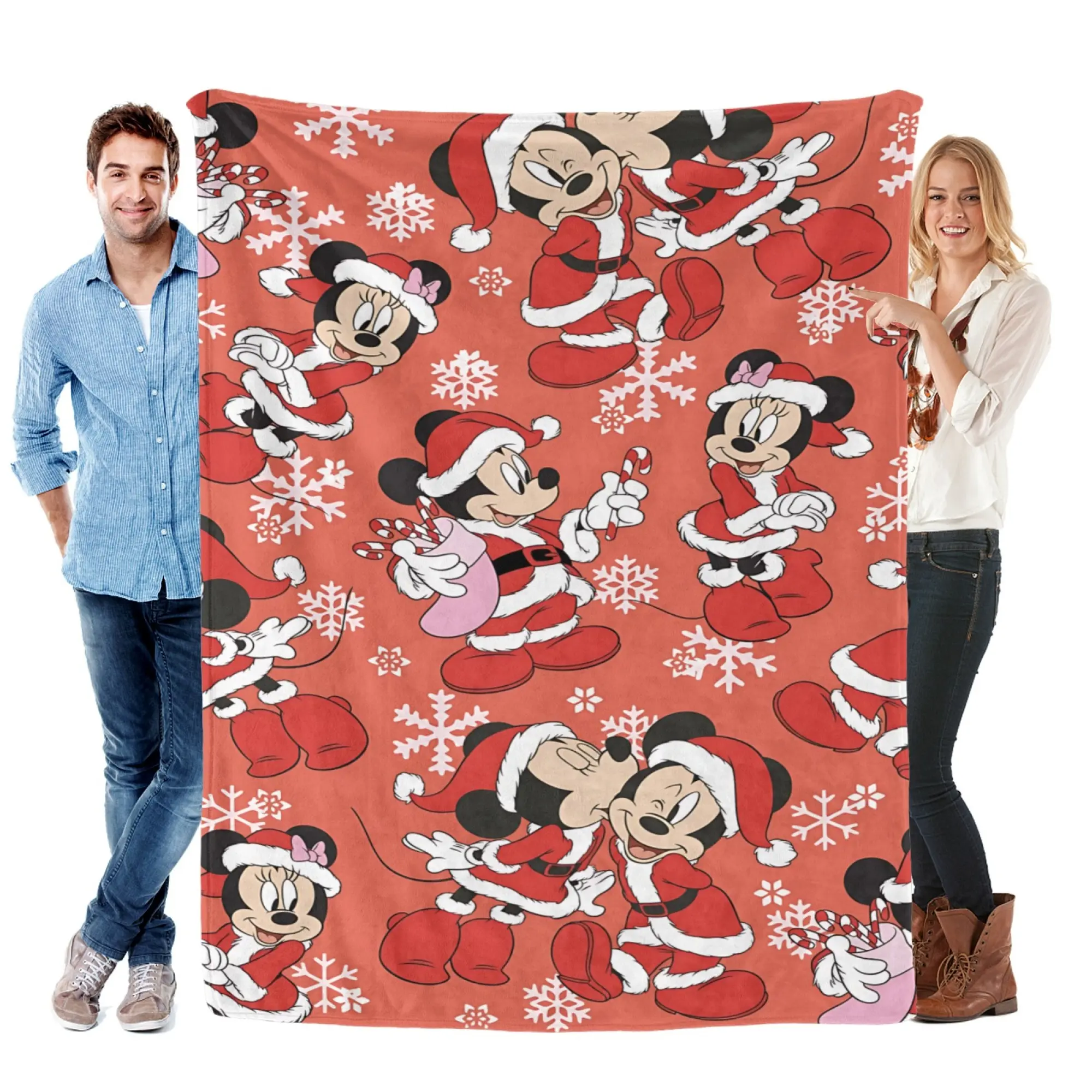 Disney Mickey Minnie Santa Christmas Fleece Throw Blanket, Soft Flannel Snowflake Candy Cane Print for Bed Couch Fireplace Decor, Warm Christmas Birthday Holiday Gift for Kids Family Cartoon Lovers